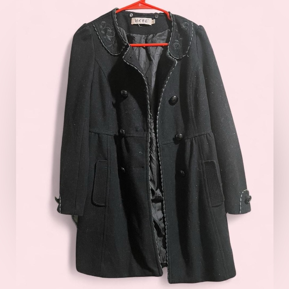 Black Double-Breasted Wool Blend Coat with Embroidered Collar